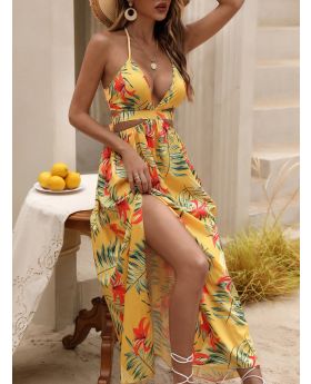 Tropical Print Backless Knot Halter Neck Slit Thigh Dress